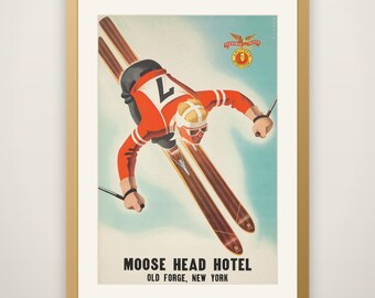 Flexible Flyer Moose Head Hotel - Vintage Ski Poster, Winter Sports Print, Ski Lodge Wall Art, Retro Cabin Decor