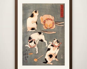 Playful Cats by Kuniyoshi - Vintage Japanese Ukiyo-e Cat Print, Antique Cat Illustration, Cat Lover Gift, Eclectic Gallery Wall Art