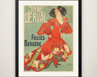 Eugene Grasset Jane Derval/Folies Bèrgere - Vintage Cabaret Poster, Art Nouveau Wall Art, Parisian Nightlife Print, Lounge Bar Decor