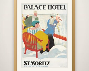 Emil Cardinaux Palace Hotel / St. Moritz - Vintage Ski Poster, Switzerland Winter Sports Print, Alpine Wall Art, Ski Lodge Decor