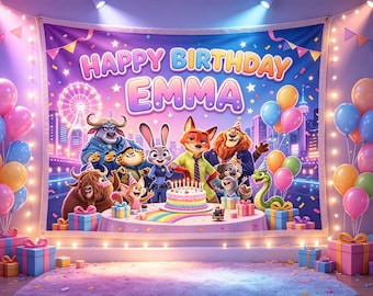 Tapisserie personnalisée « Ville des animaux » pour anniversaire, décor mural personnalisé avec prénom, décoration murale sur le thème des animaux mignons, cadeau d'anniversaire pour enfant, décoration de chambre