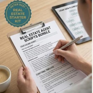 May include: A Real Estate Agent Scripts Bundle document on a clipboard with a metal clip. The page features sections for a Cold Calling Script and Client Email Templates. A circular badge reads Peter Best Real Estate Starter Kit.