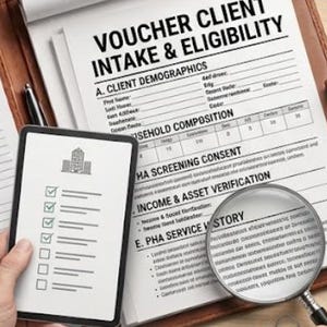 Könnte beinhalten: Ein Voucher Client Intake and Eligibility Formular auf weißem Papier in einer braunen Ledermappe. Ein digitales Tablet zeigt eine Checkliste mit einem Gebäudesymbol, während eine Lupe über dem Text liegt und ein Metallschlüssel daneben liegt.
