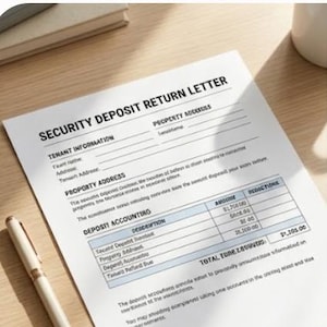 以下が含まれることがあります： Security Deposit Return Letterというタイトルの白い書類。黒い文字と水色の預かり金計算表が印刷されています。借主情報や物件住所の記入欄があり、左側には白いペンが置かれています。書類はデスクの上に配置されています。