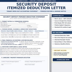 Puede incluir: Una plantilla de carta de deducción detallada de depósito de seguridad con secciones para detalles de arrendamiento, reparaciones, contabilidad financiera y avisos legales, compatible con Word, Canva y Google Docs.