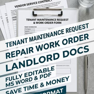 May include: A white clipboard holding a Tenant Maintenance Request and Work Order Form with black text. Additional contract pages are stacked underneath. A silver pen lies to the right of the clipboard, and a glass of water is in the top corner.