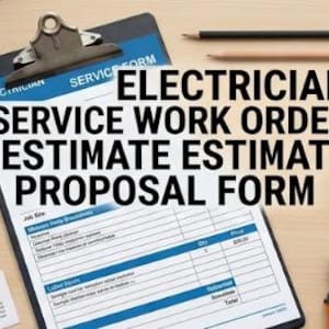 May include: A black clipboard holding an Electrician Service Work Order Estimate Proposal Form with blue and white sections, accompanied by two pencils and two pairs of pliers on a light wood surface, featuring clear text for job details.