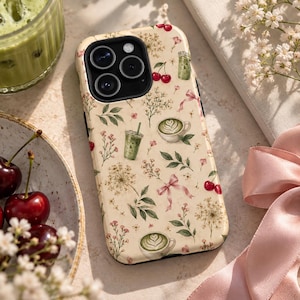 Matcha Phone Case, Cherry & Pink Bow Magnetic Case, Vintage Floral Coquette Phone Case, MagSafe Compatible Case