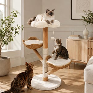May include: A multi-level cat tree featuring a central wooden post wrapped in sisal rope, two woven wicker basket perches with white cushions, and a top platform with a white plush cover. A small white pom-pom toy hangs from the top level.