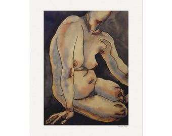 Ink Watercolor Abstract Slouching Nude: Textured Matte Print - Artful Decor