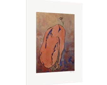 Ink Watercolor Abstract Crouching Figure: Textured Matte Print - Artful Decor