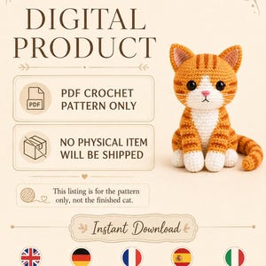 Op de afbeelding: Een digitaal product voor een PDF-haakpatroon met een oranje en witte cyperse kat. De tekst luidt DIGITAL PRODUCT, PDF CROCHET PATTERN ONLY, NO PHYSICAL ITEM WILL BE SHIPPED, This listing is for the pattern only, not the finished cat, en Instant Download.