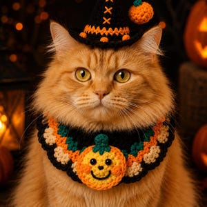 May include: A long-haired orange cat wearing a black and orange crocheted witch hat with a small pumpkin accent and a matching black, orange, and green crocheted collar featuring a central smiling pumpkin face with black button eyes.