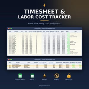 Könnte beinhalten: Eine digitale Tabellenkalkulationsvorlage für Timesheet & Labor Cost Tracker mit zwei Datentabellen mit Spalten für Mitarbeiterstunden, Sätze und Margen. Unter den Tabellen befinden sich Symbole für Google Sheets, Excel, sofortigen Zugriff, keine Gebühren und entsperrte Dateien.