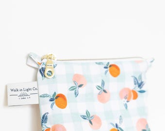 Handmade Peach Gingham Zipper Pouch | Floral Card Holder, Coin Purse