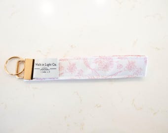 Pink Toile Floral Cotton Keychain Wristlet | Handmade Wrist Lanyard | Gold Hardware Key Fob