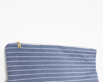 Blue Striped Canvas Zipper Pouch | Handmade Travel Organizer, Cosmetic Bag