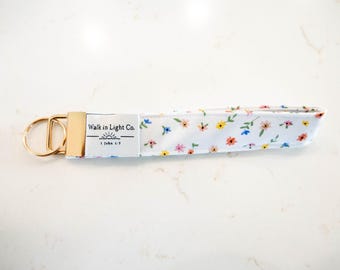 Mini Wildflower Fabric Keychain Wristlet | Handmade Cotton Wrist Lanyard, Gold Hardware