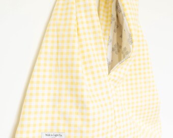 Large Yellow Gingham Knot Bag | Reusable Market Bag | Christian Gift | Walk in Light Co.