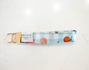 Handmade Citrus Print Fabric Keychain Wristlet | Gold Hardware Summer Lanyard
