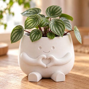 May include: A white ceramic planter shaped like a seated figure with arms forming a heart shape over its chest. The planter features a simple engraved face with two circular eyes and a curved mouth, and it contains a small plant with green leaves.