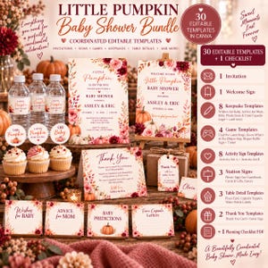 Könnte beinhalten: Ein Little Pumpkin Babyparty-Paket mit 30 bearbeitbaren Canva-Vorlagen, darunter Einladungen, Willkommensschilder, Spiele und Andenken. Das Set zeigt Blumen- und Kürbisgrafiken mit kastanienbraunem und cremefarbenem Text auf weißem Papier.