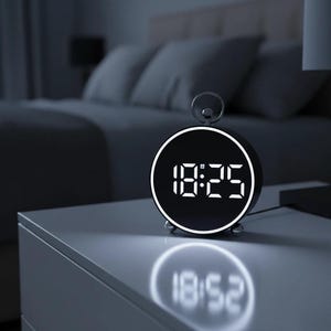 Réveil numérique rond à LED, horloge de bureau compacte avec affichage de la température, fonction snooze, luminosité réglable, alimentation USB ou piles AAA