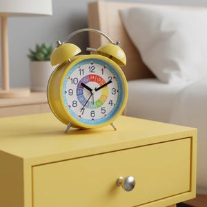 Kids Learning Alarm Clock, 3.3 Inch Twin Bell Metal Desk Clock with Color Coded Time Dial, Quartz Bedside Clock for Bedroom, Dorm or Study