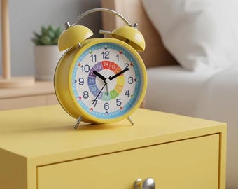 Kids Learning Alarm Clock, 3.3 Inch Twin Bell Metal Desk Clock with Color Coded Time Dial, Quartz Bedside Clock for Bedroom, Dorm or Study