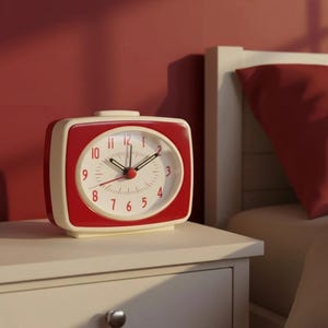 May include: A rectangular analog alarm clock with a cream-colored outer frame and a red face border. The clock features a white dial with red Arabic numerals from 1 to 10, black hour and minute hands, a thin red second hand, and a red center cap.