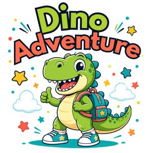 Pode incluir: Uma ilustração de desenho animado de um dinossauro verde com mochila azul e tênis, fazendo um sinal de positivo. O texto Dino Adventure aparece em letras grandes e coloridas acima, rodeado por pequenas estrelas, nuvens e pontos.