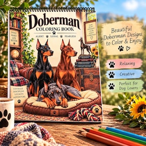 May include: A spiral-bound Doberman coloring book featuring three Doberman dogs in a room. The cover displays the text Doberman Coloring Book, Alert, Loyal, Fearless, and Courage, Discipline, Loyalty, Adventure. It includes illustrations of dogs, books, and a dog bed.