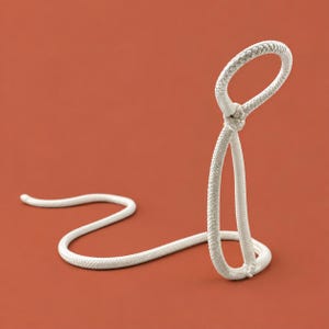 Op de afbeelding: Een wit gevlochten touw is gerangschikt in de vorm van een cobra. Het touw heeft een getextureerd, geweven oppervlak en is aan de bovenkant in een lus geknoopt om de kop van de slang voor te stellen, waarbij de rest van het touw uitloopt.