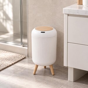 Prullenbak met bewegingssensor en automatisch deksel, kleine geribbelde afvalbak voor badkamer, slaapkamer en kantoor, contactloze afvalopslag met opstaande poten.