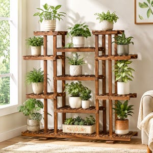 May include: A multi-tiered wooden plant stand with a dark brown finish, featuring various shelves arranged at different heights. The stand holds numerous potted green plants in ceramic and terracotta containers of assorted shapes and sizes.