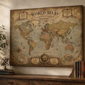 May include: A rectangular wall art print featuring a vintage-style world map titled The World Atlas A Geographical Compendium of the Earth. The map displays muted earth tones, a compass rose, and decorative cartographic elements on a beige background.