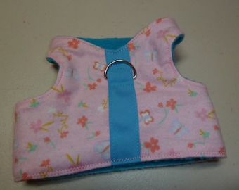 Butterflies and Flowers Comfort Pet Harness in Pink and Blue  - Large - Fleece Lined