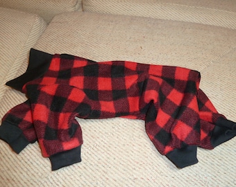 Small Medium, Large Fleece Doggy Pajama, Buffalo Check, Red & Black,  Doggy Onesie, Winter Pajama