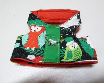 Extra Small - Holiday Glitter Owls in Red and Green Comfort Pet Harness  - Extra Small - Fleece Lined