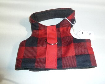 Large Buffalo Check Comfort Pet Harness , Fleece Lined Interior, Black & Red  Flannel Exterior, L Walking Harness, Pet Vest