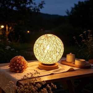 Rattan Ball Table Lamp LED, Woven Cocoon Bedside Light, Boho Home Decor Wood Base Ambient Lamp