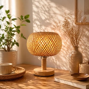 Peut inclure: Une lampe de table dotée d'un abat-jour rond en bambou tressé avec un motif entrecroisé, reposant sur une base cylindrique en bois clair. La lampe diffuse une lueur chaude et douce, projetant des ombres complexes sur la surface.