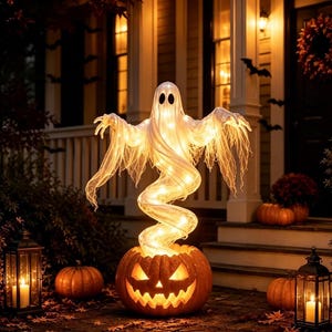 Può includere: Una decorazione a forma di fantasma in tessuto bianco con occhi ovali neri e braccia tese, illuminata da luci a LED bianco caldo, che emerge da una base di zucca arancione intagliata con un'espressione facciale luminosa e frastagliata.