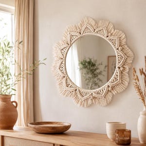 Macrame Mirror Round Boho Wall Mirror, Handwoven Cotton Fringe Frame, Sunburst Wall Decor, Entryway Living Room Mirror
