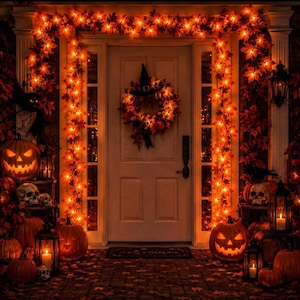 May include: A front door decorated for Halloween with a glowing orange maple leaf garland framing the frame. A wreath with a black witch hat hangs on the door. Several jack-o'-lanterns, skulls, and lit lanterns are arranged on the porch.