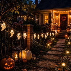May include: A string of white ghost-shaped LED lights draped along a black metal fence, accompanied by orange jack-o'-lanterns, a white pumpkin, and a black metal lantern with a lit candle, illuminating a stone walkway leading to a house.