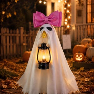 Dapper Ghost Decor with Bow Tie & Lantern – Halloween Porch Statue