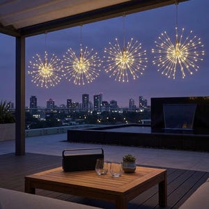Solar Firework Fairy Lights Outdoor, Hanging Starburst LED Ball, 8 Modes Garden Patio String Lights, Christmas Tent Decor