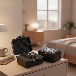 Puede incluir: Dos estuches protectores rectangulares negros con cierres seguros. Un estuche está abierto, revelando un interior de espuma negra y un reloj de pulsera con correa de cuero marrón sobre un cojín de espuma. El otro estuche está cerrado.