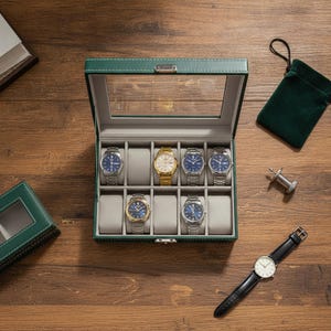 Op de afbeelding: Een donkergroene horlogedoos met een glazen deksel en lichtgrijze binnenvakken, met daarin zes horloges met metalen banden. Een apart horloge met een zwarte leren band, een groen fluwelen zakje en een metalen gereedschap liggen ernaast.